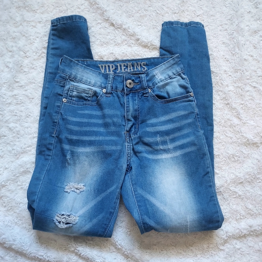 VIP Jeans Distressed Blue Stretch denim Juniors 1/2 Casual Everyday